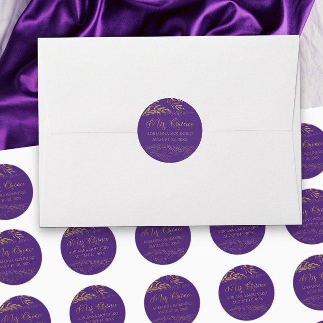 Adesivo Redondo Mis Quince Purple e Folha Dourada 15 Aniversário (Mis Quince stickers for stationery, favors and party decor in purple, from my Gold Leaf Collection)