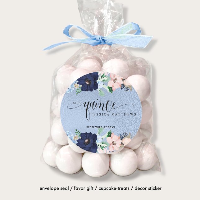 Adesivo Redondo Mis Quince, Quinceañera con Flores Azul y Rosa (Criador carregado)