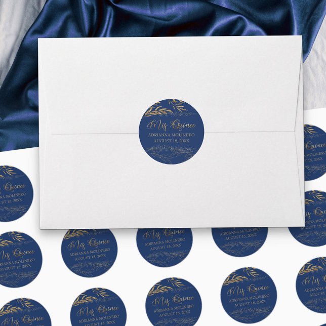 Adesivo Redondo Mis Quince Royal Blue e Folha Dourada 15 Aniversár (Mis Quince stickers for stationery, favors and party decor in blue, from my Gold Leaf Collection)