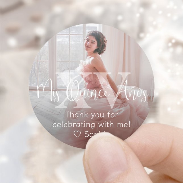 Adesivo Redondo Mis XV Años Modern Photo Quinceañera Obrigado (Criador carregado)