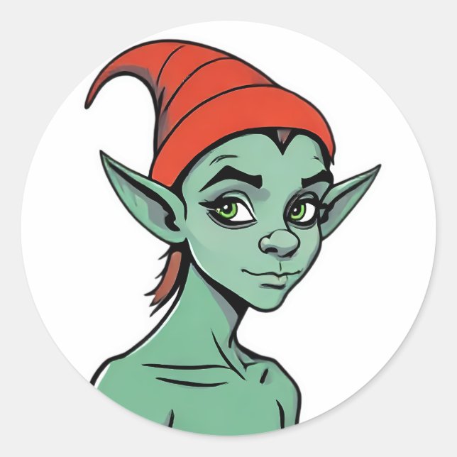 Adesivo Redondo Mischievous Green Elf / Goblin Cartoon Character (Frente)