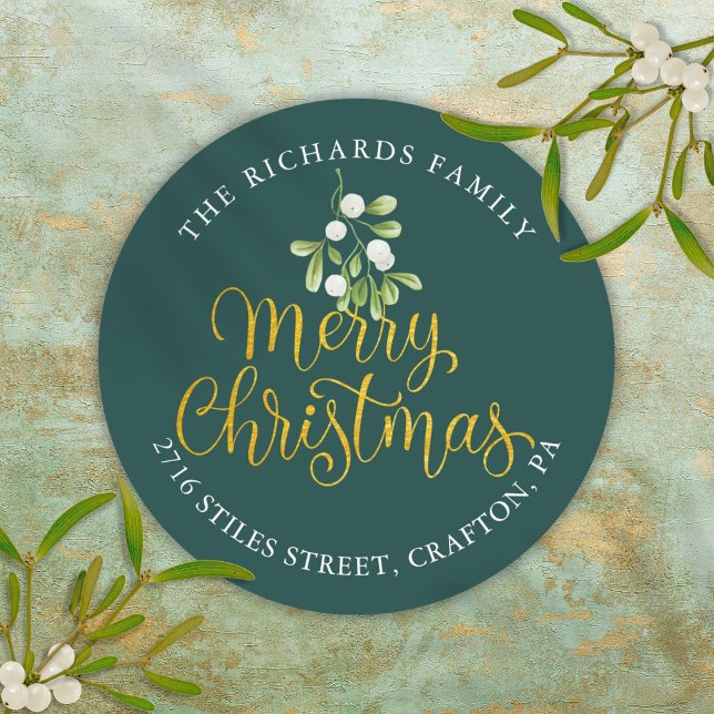 Adesivo Redondo MistletoDourado Endereço de Regresso de Feliz Nata (Mistletoe Gold Merry Christmas Return Address Classic Round Sticker)