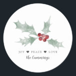 Adesivo Redondo Mistletoy Joy Peace Love Christmas<br><div class="desc">Adesivo de presente de Natal elegante ou selo de envelope com ilustração aquosa de um erro. O texto a seguir diz "Joy INA Peace INA Amor."</div>