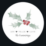 Adesivo Redondo Mistletoy Joy Peace Love Christmas<br><div class="desc">Vinheta embrulhada de presente de Natal elegante ou selo de envelope com ilustração aquosa de um emblete. O texto a seguir diz "Joy Angelilli Peace população: Amor."</div>