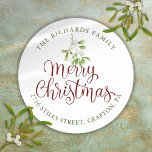 Adesivo Redondo Mistletoy Merry Christmas Return Address<br><div class="desc">Bonito melodia embebida em água sobre o guião de chico...  a tipografia de Natal Merry...  nesses adesivos elegantes para o endereço de retorno. Personalize com seu nome e endereço da família. Projetado por Thisnotme©</div>