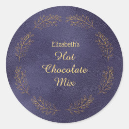 Adesivo Redondo Mistura de Cacau Quente Azul Folhas Douradas Elega