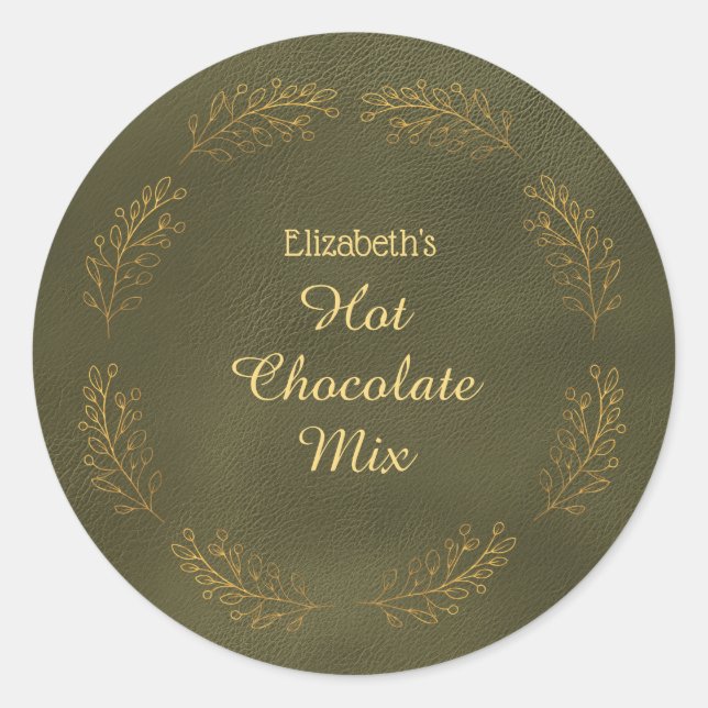 Adesivo Redondo Mistura de Cacau Quente de Natal Folhas Douradas E (Frente)