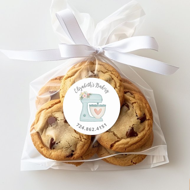 Adesivo Redondo Misturador De Bolo Azul Cinto Com Amor (Cute blue mixer stickers you can personalize with your name and phone number. )