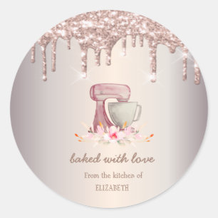 Adesivo Redondo Misturador Flores Rosa Dourado Brilho Gotejamento