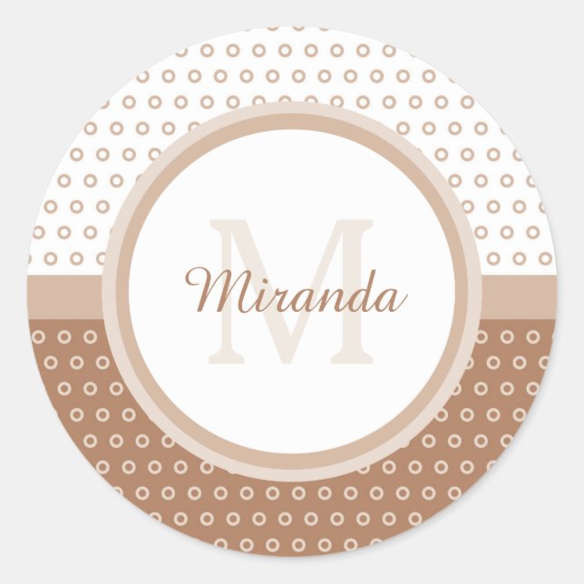 Adesivo Redondo Mod Brown e White Bolinhas Monograma com Nome (Frente)
