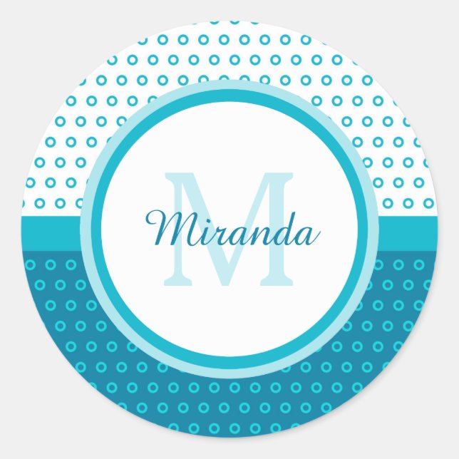 Adesivo Redondo Mod Turquoise Blue Bolinhas Monograma Com Nome (Frente)