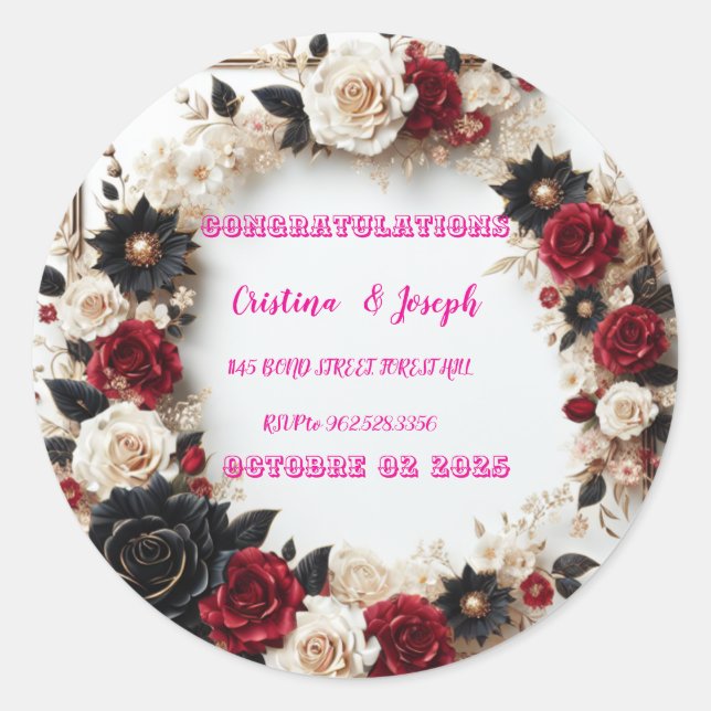 Adesivo Redondo Modelo de Convite de Casamento (Frente)