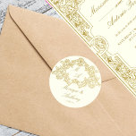 Adesivo Redondo Modelo de marfim e casamento vintage de ouro<br><div class="desc">Marfim elegante e dourado vintage rococo ornamentado moldura monograma modelo de casamentos noiva e adesivos de noivos</div>