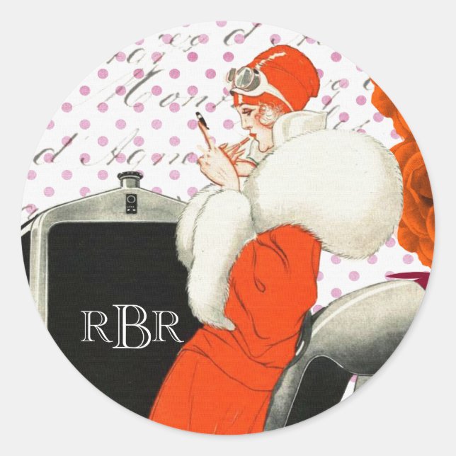 Adesivo Redondo Modelo de moda parisiense chic de 1920 e imagem do (Frente)