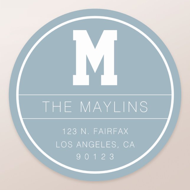Adesivo Redondo Modelo de Nome e Monograma Únicos | Azul Desbotado (Criador carregado)