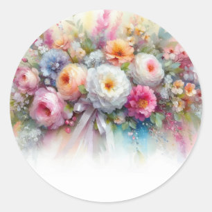 Adesivo Redondo Modelo em Branco Adicione Seu Texto Flores Aquarel