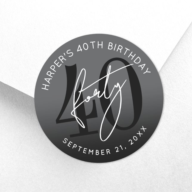 Adesivo Redondo Modern Black 40th Birthday Party (Modern Black 40th Birthday Party Classic Round Sticker)