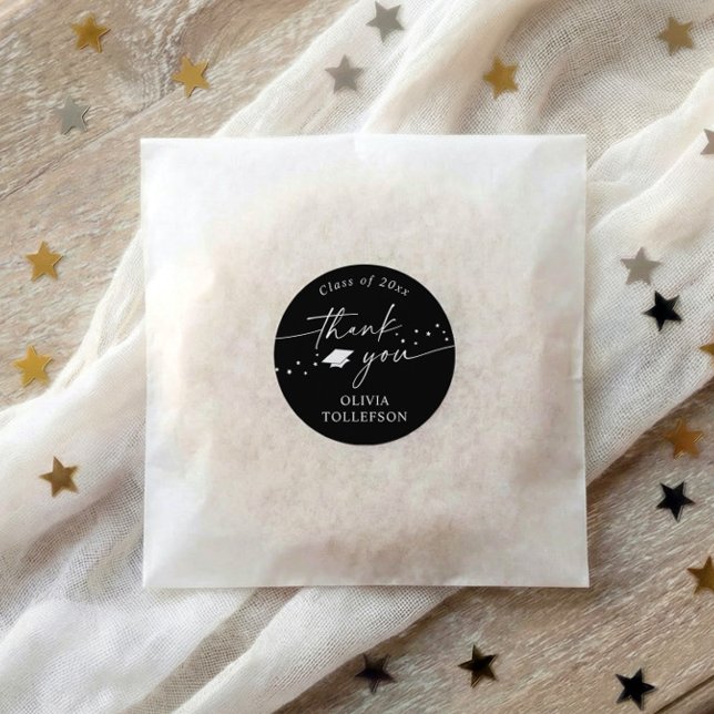 Adesivo Redondo Modern Black and White Graduation Thank You Favor (Black and white graduation thank you stickers with modern script and minimalist design)