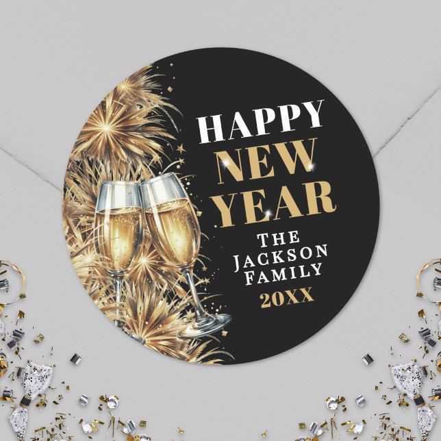 Adesivo Redondo Modern Black Gold Champagne New Year's Eve Party (Modern Black Gold Champagne New Year's Eve Party Classic Round Sticker)