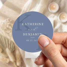 Adesivo Redondo Modern Blue Monogram Minimalist Wedding