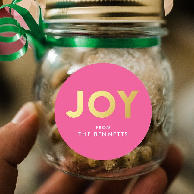 Adesivo Redondo Modern Bold JOY Faux Foil Personalizado Natal (Criador carregado)