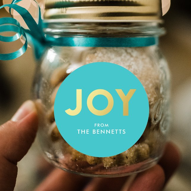 Adesivo Redondo Modern Bold JOY Faux Foil Personalizado Natal (Criador carregado)