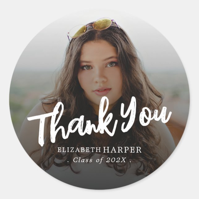 Adesivo Redondo Modern Brush Script Photo Graduation Thank You (Frente)