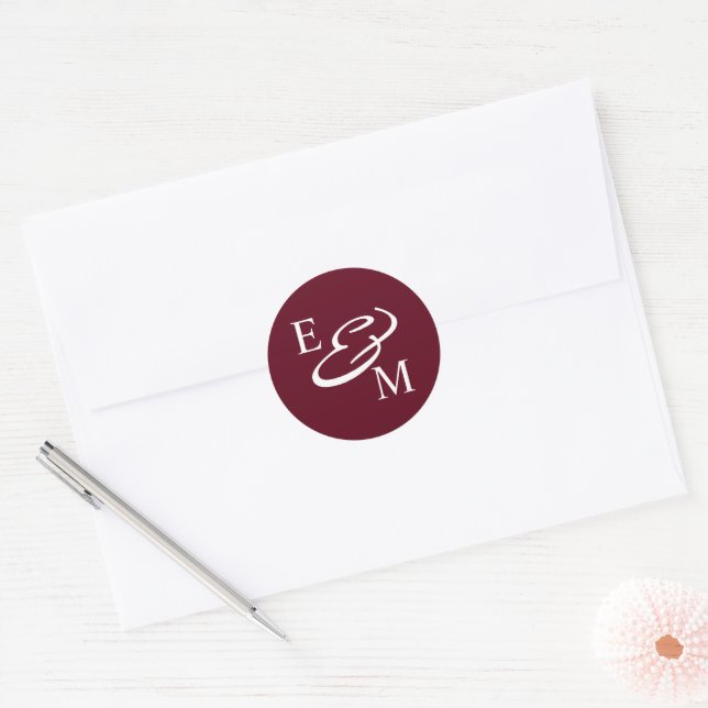 Adesivo Redondo Modern Burgundy Initials Wedding  (Envelope)