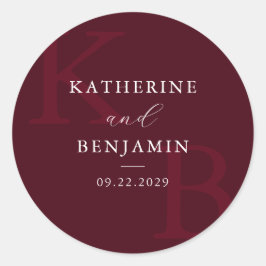 Adesivo Redondo Modern Burgundy Monogram Minimalist Wedding