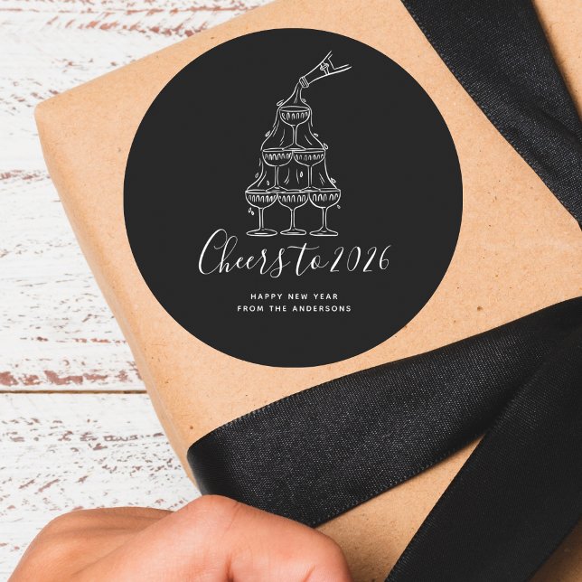 Adesivo Redondo Modern Cheers to the New Year Black Hand Drawn (Criador carregado)