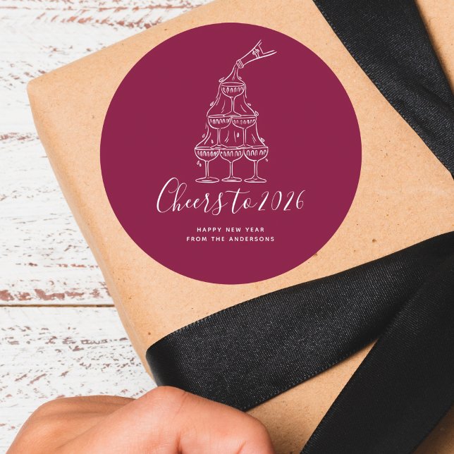 Adesivo Redondo Modern Cheers to the New Year Red Hand Drawn (Criador carregado)