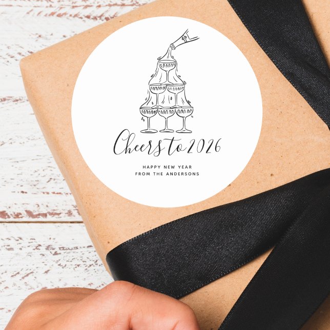 Adesivo Redondo Modern Cheers to the New Year White Hand Drawn (Criador carregado)