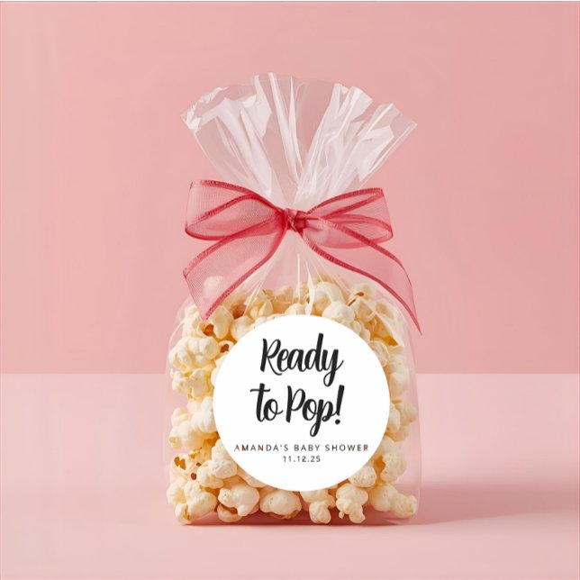 Adesivo Redondo Modern Custom Baby Shower Black Text Popcorn  (Modern elegant baby shower popcorn round sticker )