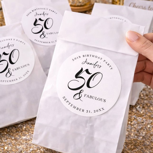 Adesivo Redondo Modern Elegant Black White Fifty Fabulous Birthday (Criador carregado)