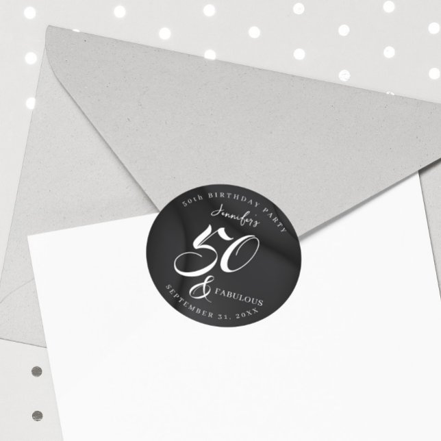 Adesivo Redondo Modern Elegant Black White Fifty Fabulous Birthday (Criador carregado)