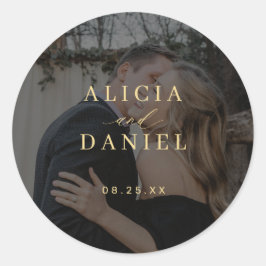 Adesivo Redondo Modern elegant bride groom name date photo wedding