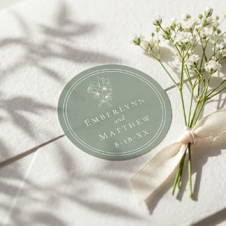 Adesivo Redondo Modern Elegant Sage Green Botanical Wedding