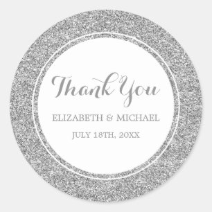 Adesivo Redondo Modern Faux Silver Glitter Weding Obrigado