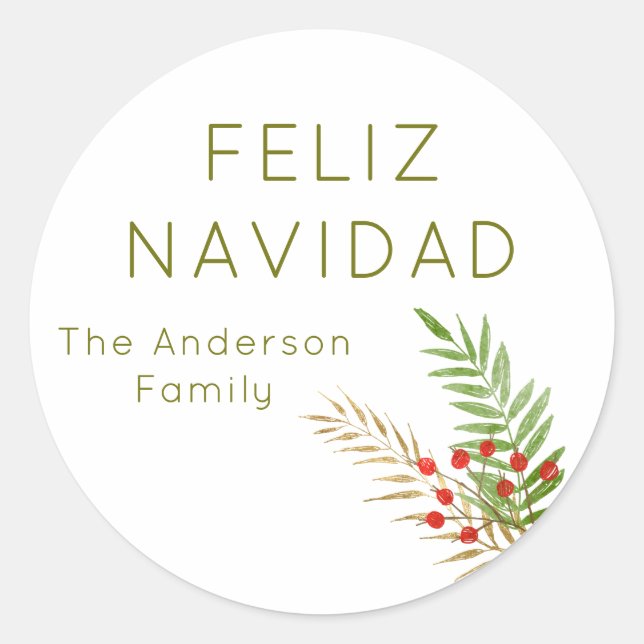 Adesivo Redondo Modern Feliz Navidad Holly Natal em Espanha (Frente)