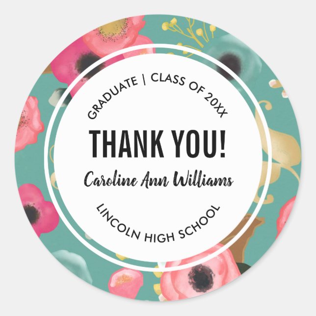 Adesivo Redondo Modern Floral Obrigado Graduação (Frente)