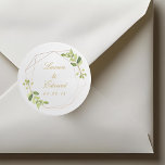 Adesivo Redondo Modern Geométrico Greenery Wedding<br><div class="desc">Etiquetas de casamento personalizadas,  com moldura geométrica de ouro e design de água verde.</div>