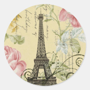 Adesivo Redondo Modern Girly floral Vintage Paris Eiffel Torre