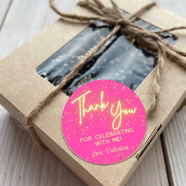 Adesivo Redondo Modern Girly Hot Pink Neon Glow Obrigado Script (Criador carregado)