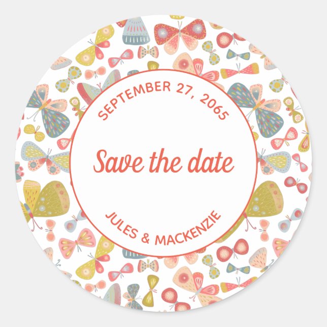 Adesivo Redondo Modern Graphic Butterfly Pattern Save the Date (Frente)