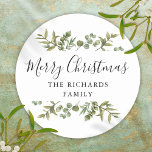Adesivo Redondo Modern Greenery Felry Christmas Family Name<br><div class="desc">Molduras verdes em aquarelas com elegante roteiro Feliz de Natal nesses adesivos elegantes de Natal. Personalize com seu nome de família. Projetado por Thisnotme©</div>