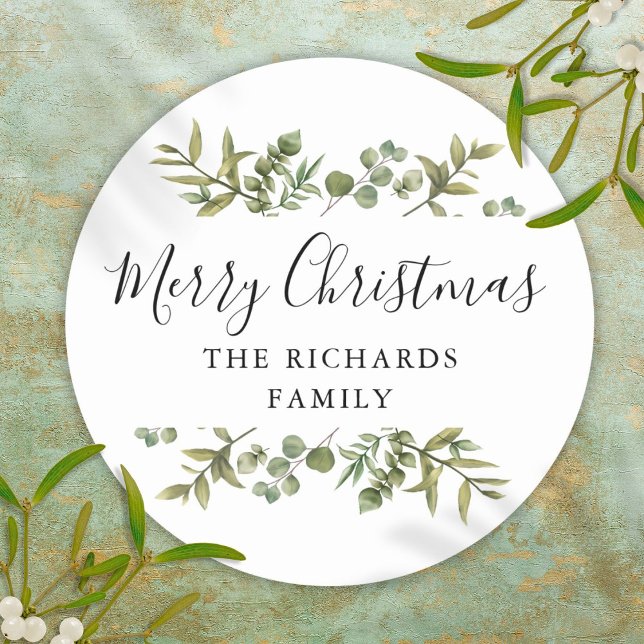 Adesivo Redondo Modern Greenery Felry Christmas Family Name (Modern Greenery Merry Christmas Family Name Classic Round Sticker)