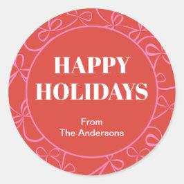 Adesivo Redondo Modern Holiday Bold Red & Pink Ribbon Pattern