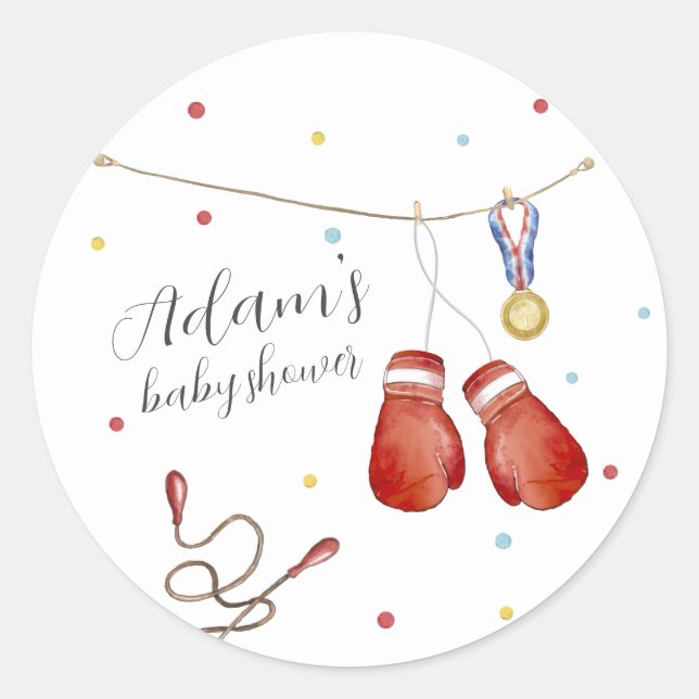 Adesivo Redondo Modern Little Champion Boxing Sport Baby Shower (Frente)