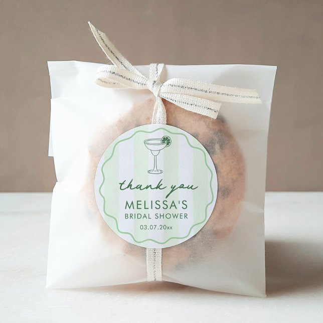 Adesivo Redondo Modern Margaritas Matrimony Bridal Shower Favor (Modern green and white stripe hand-drawn margaritas and matrimony theme bridal shower favor stickers)