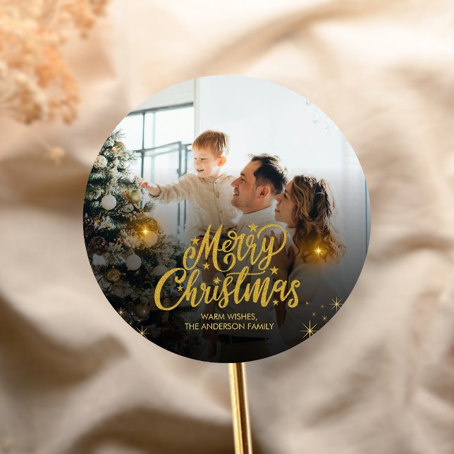 Adesivo Redondo Modern Merry Christmas Family Photo (Modern Christmas Family Holiday Sticker)